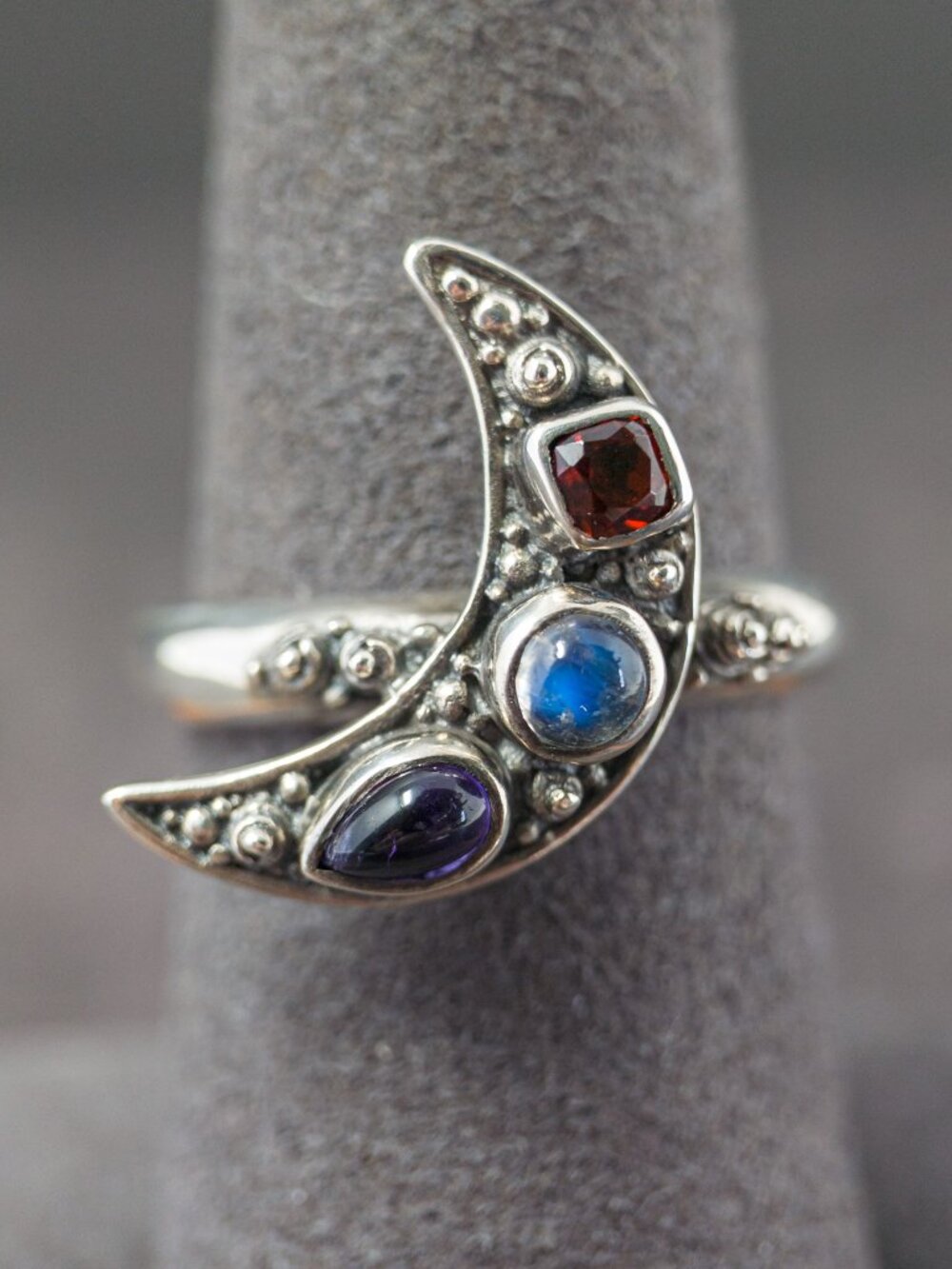 Sterling Silver Crescent Moon Ring, Amethyst Moonstone Garnet, Sz 7.75